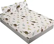 MAG 3PCS White Dinosaur Queen Size Bedding Sheet Sets Included 1*Fitted Sheet and 2 Pilowcase for Kids, Boys and Girls (Queen, White)