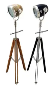 NAUTICAL COLLECTIBLE WOODEN SEARCH SPOTLIGHT LIGHT WITH TRIPOD STAND SET OF TWO