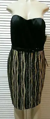 NEW AIDAN MATTOX Black Gold Sequined Strapless Party Cocktail Dress with Belt 12