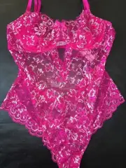 Victoria's Secret S,M,L TEDDY BODYSUIT one-piece HOT PINK SILVER lace WICKED