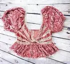Free People Sz L Mauve Pink Velvet Peplum Ruffle Hem Cropped Smocked Top NWT NEW