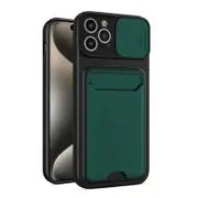 For Apple iPhone 15 Pro Card Holder Mobile Phone Case Camera Protection Lens Slider Camera Shutter Wallet Cover(Green)