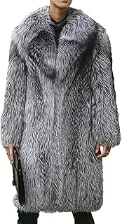 [Zylphorix] Men Mid Long Lapel Casual Faux Fur Jacket Open Front Fur Collar Faux Mink Coat Winter Classic Cozy Warm Overcoat