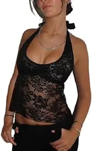 [Generic] Sexy Women's Lace Halter Camisoles Backless Mesh See Through Bustier Going Out Top Summer Tank Top
