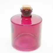 Small Red Fuchsia Colored Round Glass Bottle / Jar with Cork H = 4.5 Inch
