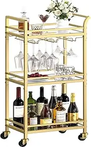 Homedawn Bar Cart, Home Bar Serving Cart, Small Bar Cart with Wine Glass Rack, Drink Cart on Wheels, Wine Cart with 3-Tier Mirrored Shelf, Gold
