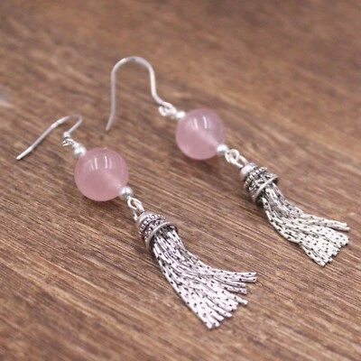 Women Real 925 Sterling Silver Lucky Pink Crystal Tassel Simplicity Earrings