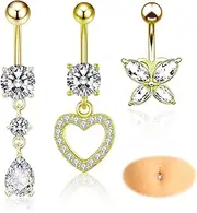 [Crrynuo] Belly Button Rings Set, 3 pcs Gold Belly Bar Surgical Steel Navel Bars,10mm Surgical Steel Dangling Belly Button Rings,Gold Flower Butterfly Heart Navel Piercing Jewelry for Women, one size,