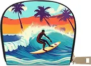 [EdWal] Hawaiian Surfer on Wavy Print Card Holder Unisex Credit Card Case for Men and Women Leather Card Holder, Slim Business Card, White, One Size