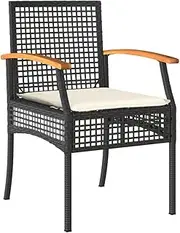vidaXL Garden Chairs Set of 4 - Black Poly Rattan & Acacia Patio Armchairs with Cream Cushions for Outdoor Garden/Deck - 54x57x85 cm