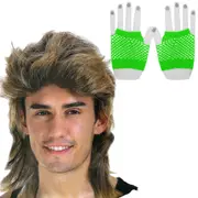 2Pcs Set Golden Blonde Bullet Wig + Fishnet Gloves 70s 80s Womens Costume Party - FLUROGREEN - One-Size