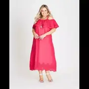Autograph Hot Pink size 20 MAXI Dress sexy shoulder + embroidered details NEW