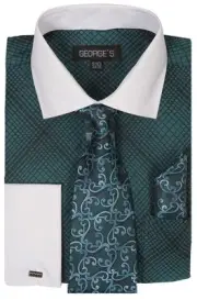 Men's Geometric Print French Cuff Dress Shirt w/ Matching Tie & Hanky Set #624