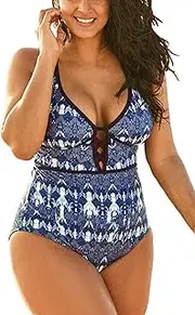 [FlatterMe] Women's Black Sexy Plus Size Rosa Floral Print One Piece Swimsuit,Plunge Neckline with Lace Up Detail Swimwear