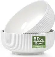 Mfacoy 2 Pack Salad Bowl, 8 inch 60 oz Large Serving Bowl Set, Deep Bowl for Kitchen, White Ceramic Bowl Set for Soup, Cereal, Ramen, Pasta, Salad, Dishwasher & Microwave Safe, Easy Clean