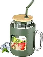 50oz Glass Cup with Handle Wide Mouth Lid Leakproof Silicone Sleeve Iced Coffee Straw Portable Office Outdoor (Green)