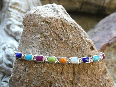 Colorful Multi Gemstone & Opal Sterling Silver 925 Hinged 7.50" Bracelet AD61