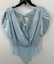 Skylar Rose Womens Large Bodysuit Blue Satin Puff Sleeve Mock Wrap Tie Neck NWT