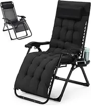 dainslef Lounge Chair Supports 440 Lbs, Indoor/Outdoor Adjustable Folding Recliner with 39 Inch Seat, Removable Cup Holder & Headrest Black