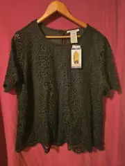 Philosophy Pullover Top 2XL XXLarge Black Lace Overlay Short Sleeve Lined NWT