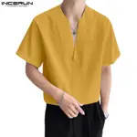 INCERUN 男士韓版休閒 V 領純色短袖 T 恤