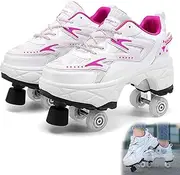 [AMMFIT] Roller Skate Shoes with Brake, Walk Deformation Shoes with Double-Row Wheels for Kids and Adults Technical Skateboarding Shoe with Deformed Wheels,Pink-8.5