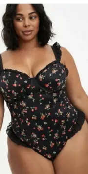 Torrid Black Cherries Ruffle Trim Back Bow Underwire Bodysuit Sz 0 12 Large NWT