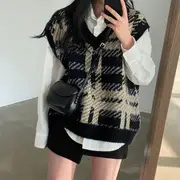 Plain Shirt / Plaid Sweater Vest / Asymmetrical A-Line Mini Skirt Shirt - White - L