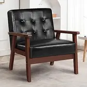 ALFORDSON Wooden Armchair Accent Chair with Solid Wood Frame Wooden Armrest, PU Leather Fabric Upholstery Cushion Lounge Sofa for Reading Bedroom Living Room, 180KG, Black