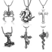Mens Silver Dragon / Scorpion / Cross / Viking Hammer Pendant Punk Necklace 24"