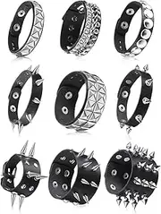 [JEOJEOY] 9 Pieces Spiked Studded Black Leather Rivet Punk Cuff Wrap Snap Button Metal Wristband