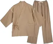 [YUKITAC] Men's Double-Layer Gauze Traditional Japanese Kimono Yukata Robe–100% Cotton Breathable Loungewear (Khaki/Navy/Beige/Dusty Blue) M-LL