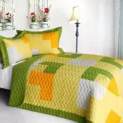 3 PC Zing green yellow orange white geometric vermicelli Queen Quilt Shams