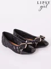 Lipsy Black Faux Leather Flat Slip On Quilted Bow Ballerina School Shoes (AN9029) | $42 - $51