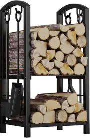 Fireplace Firewood Log Rack with 4 Tools Fireside Holder Black Wrought Iron Xmas
