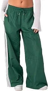 [Luckinbaby] Women Side Striped Track Pants Elastic Waist Wide Leg Sweatpants Contrast Stripes Drawstring Baggy Joggers, Leisure Green, Small