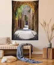 Tuscan Decor Collection, Ancient Italian Street in Small Provincial Town of Tuscan Italy Europe, Bedroom Living Kids Girls Boys Room Dorm Accessories Wall Hanging Tapestry, Ivory Green