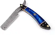 Blue Damascus Steel Fixed Blade Straight Razor - Barber Approved