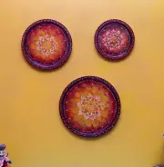 Wooden Hand Painted Wall Hanging Plates Set Of 3 Folk Art Red Floral Home Decor