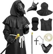Kicopt Plague Doctor Mask Costume Men Woman Adult Cloak Robe Cane Halloween Plague Doctor Cosplay Party