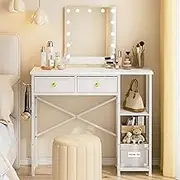 3IngSeagulls White Vanity Desk Without Mirror for Bedroom, Makeup Desk with 2 Fabric Drawers, Vanity Desk with Iron Hook, 36 Inches Vanity with Storage, White