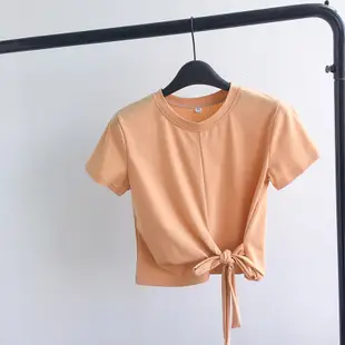 短版素色T恤女2023夏裝韓版綁帶小心機露肚學生短袖體恤緊身上衣