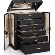Jewelry Box Organizer Functional with Big Mirror, Leather Jewelry Large Black