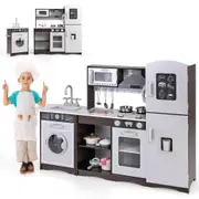 Costway Play Kitchen Chef Pretend Cooking Toy Set w/Water Dispenser/Accessories Boys Girls Brown