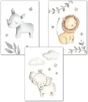 Lemmami Stationery Set of 3 Wall Pictures Children's Room Baby Room Poster Pictures DIN A4 Girls Boys Decoration Jungle Lion Elephant Rhino Safari (Set of 3 Pictures Set Watercolour, Wall Decoration)