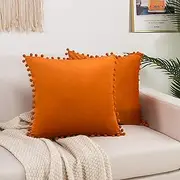 Elegant Comfort POM-POMS Fringe Velvet Cushion Covers Set of 2, Velvet Soft Solid Decorative Square Throw Pillow Covers Set Cushion Case for Couch Bed, Livingroom 18 x 18 Inch (45 x 45 cm), Orange