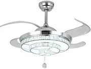 FanLighting 42 Inch Invisible Reversible Ceiling Fan with LED Lights and Remote Control, 4 Retractable Blades Crystal Fan Chandelier for Living Room Indoor Ceiling Fans Light Kits (Silver, 107 CM)