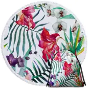 Purple White Orchid and Red Hibiscus Flowers Round Beach Towel