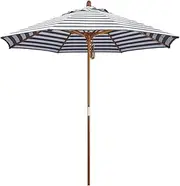 2.7m/9ft Wooden Outdoor Patio Umbrella, Blue and White Striped Garden Umbrella, Market Umbrella with Pulley for Pool, Patio, Cafe