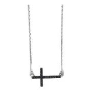 14k White Gold Round Black Diamond Horizontal Cross Necklace 1/10 Cttw